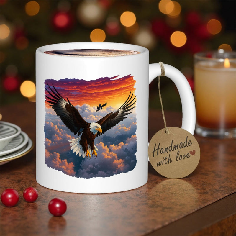 Tailorly White Ceramic 11 oz Mug - Soaring Through Vibrant Sunset Clouds Within Majestic Golden Twilight Sky Eagle
