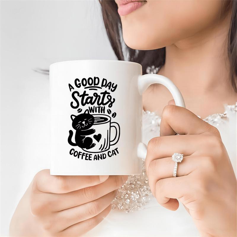 Tailorly White Ceramic 11 oz Mug - A Good Day Starts With Coffee And Cat Sweet Kitten Cuddling A Cozy Cup Under Decorative Script Letters Cat