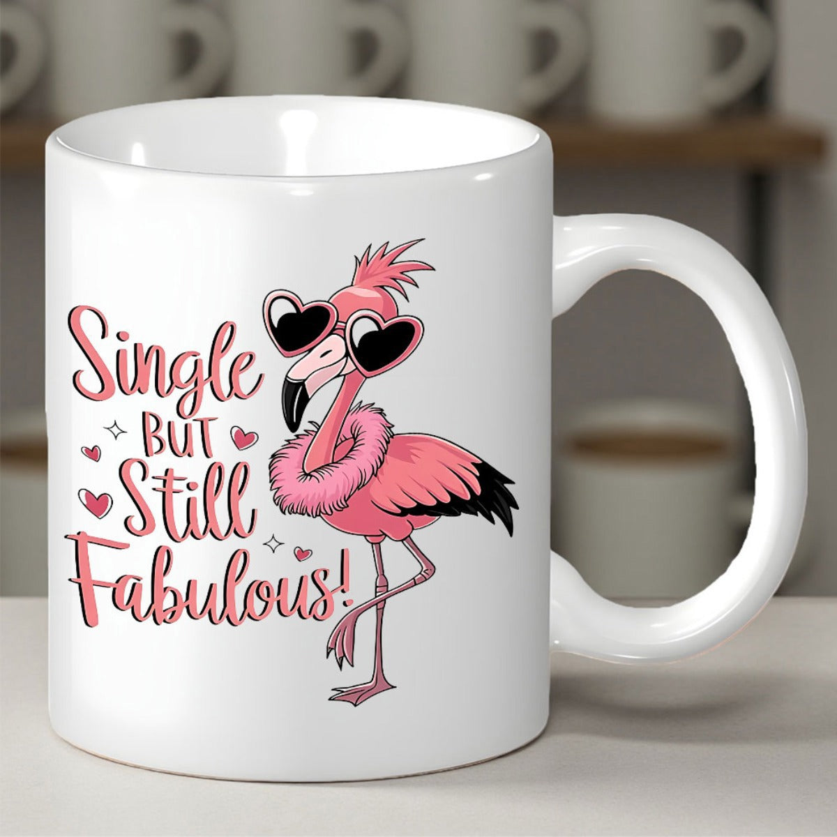Tailorly White Ceramic 11 oz Mug - Single But Still Fabulous Pink Feather Boa With Heart Sunglasses Wearing Sassy Flamingo