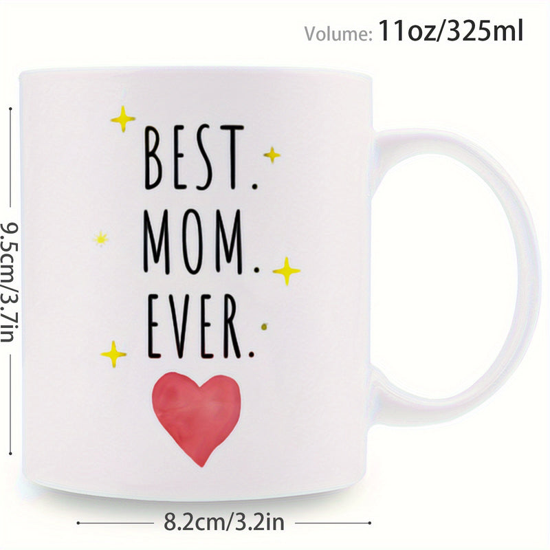 Tailorly White Ceramic 11 oz Mug - Best Mom Ever Minimalist Typography Design With Sparkling Golden Stars And Watercolor Heart Mug