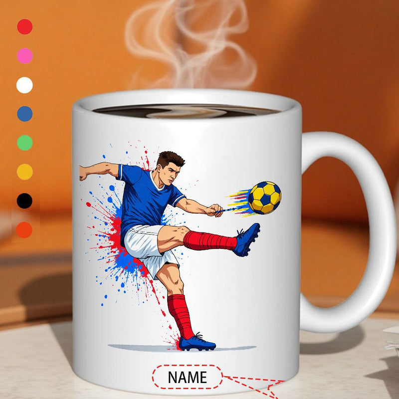 Tailorly White Ceramic 11 oz Mug - Name Dynamic Athlete Kicking A Fast Moving Football With Colorful Splashes Player