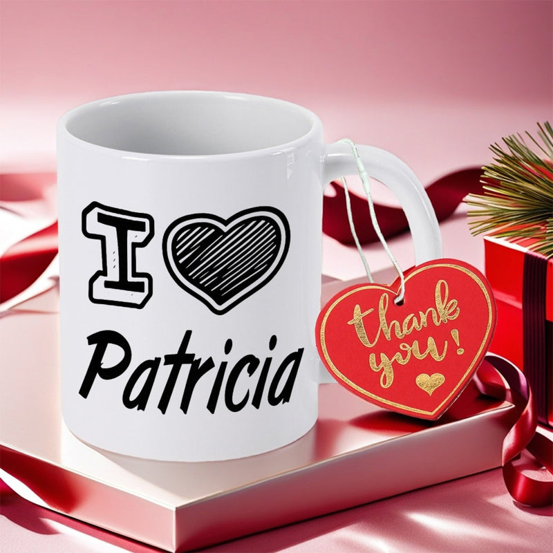 Tailorly White Ceramic 11 oz Mug - I Patricia Thank You Simple Black Hand Drawn Shaded Pattern Resting Against Festive Decorative Box Heart