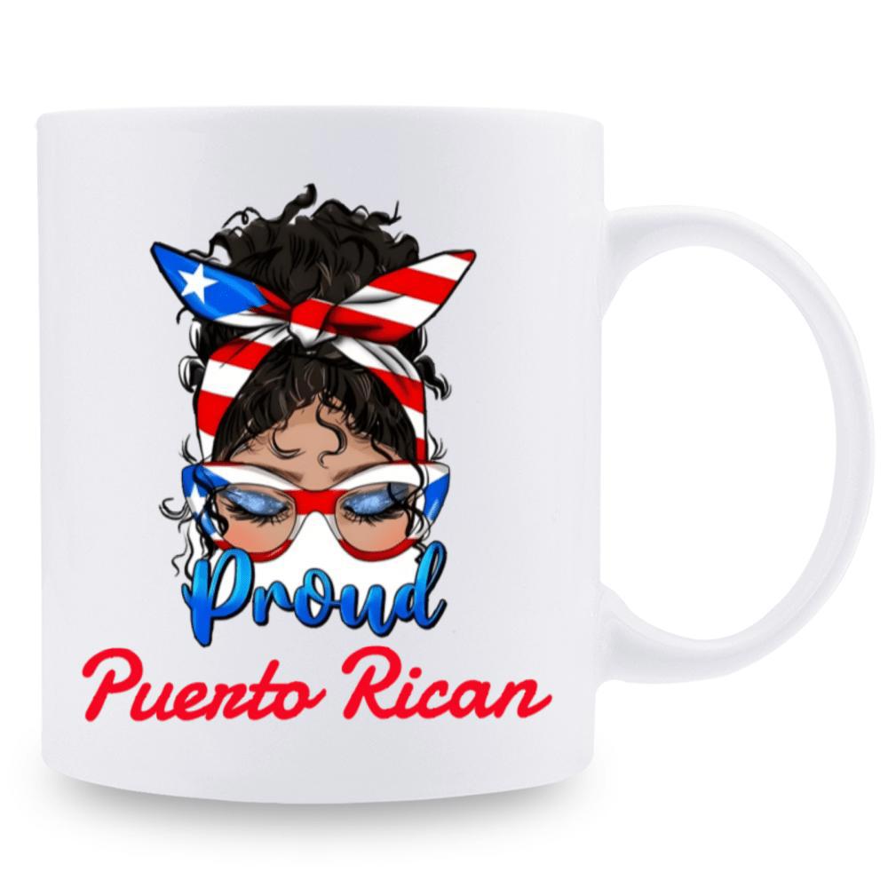 Tailorly White Ceramic 11 oz Mug - Proud Puerto Rican Stylish Messy Bun Wearing National Flag Patterned Accessories And Glasses Woman