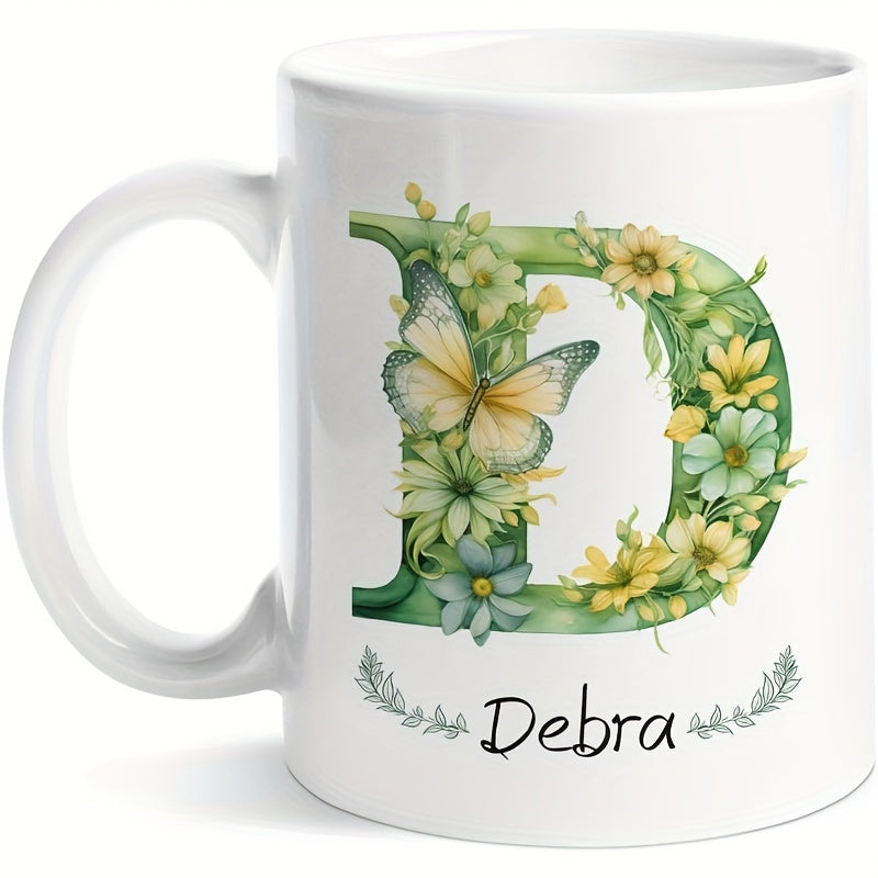 Tailorly White Ceramic 11 oz Mug - Debra Floral Letter D Decorated With Yellow Flowers And Green Leaves Mug