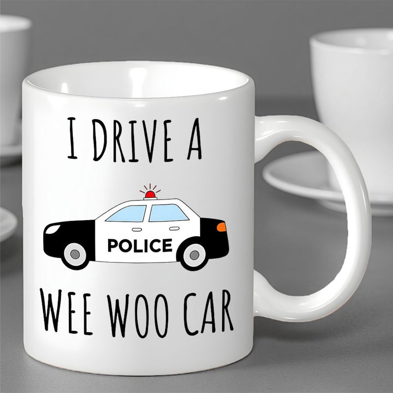 Tailorly White Ceramic 11 oz Mug - I Drive A Wee Woo Car Cartoon Style Black And White Police Cruiser With Flashing Red Lights Police Car