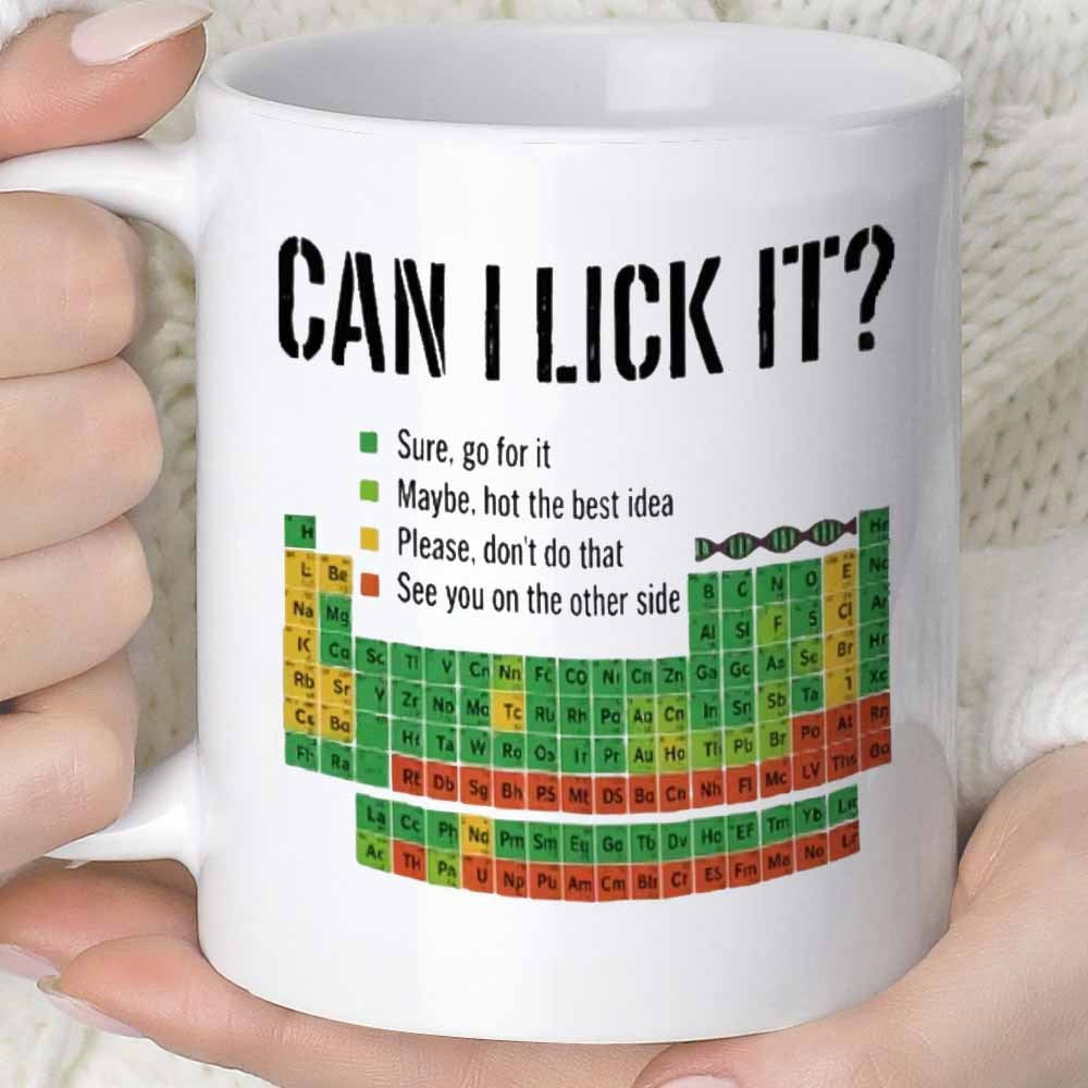 Tailorly White Ceramic 11 oz Mug - Can I Lick It Colorful Science Grid Featuring Element Boxes And Humorous Toxicity Warnings Periodic Table