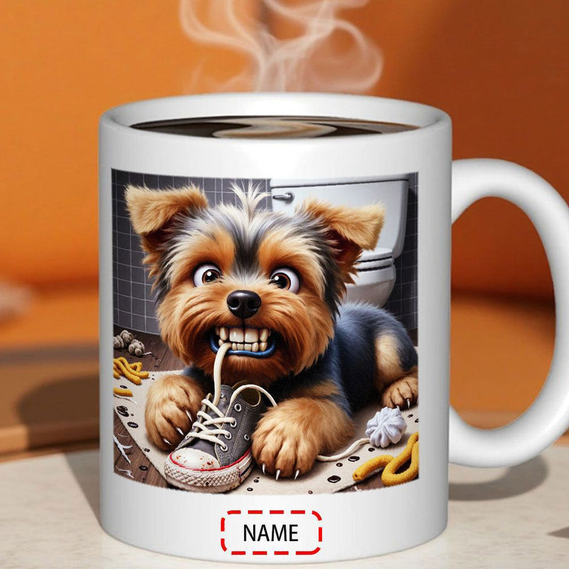 Tailorly White Ceramic 11 oz Mug - Name Playful Little Puppy Chewing On A Grey Sneaker With Yarn Ball Dog
