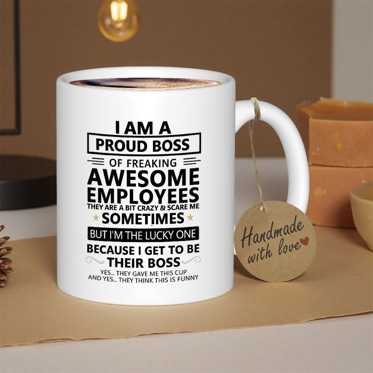 Tailorly White Ceramic 11 oz Mug - I Am A Proud Boss Of Freaking Awesome Employees Minimalist Bold Black Typography With Horizontal Bars And Decorative Star Design