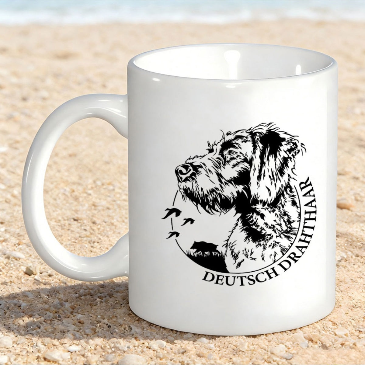 Tailorly White Ceramic 11 oz Mug - Deutsch Drahthaar Artistic Ink Sketch Of Hunting Dog Profile Among Flying Birds Dog