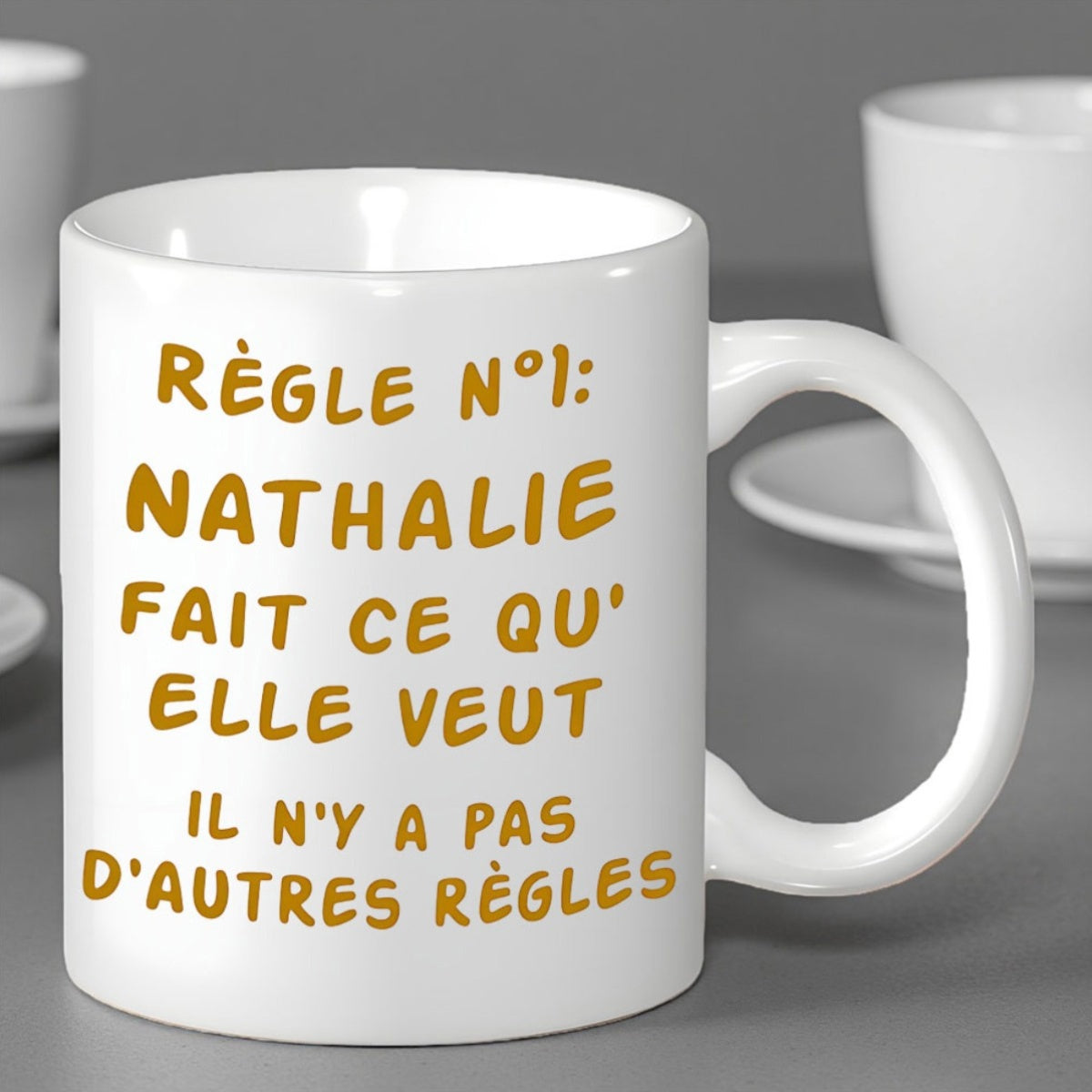 Tailorly White Ceramic 11 oz Mug - Glossy Ceramic Surface Featuring Bold Golden Brown Script Typography Message Simple Mug