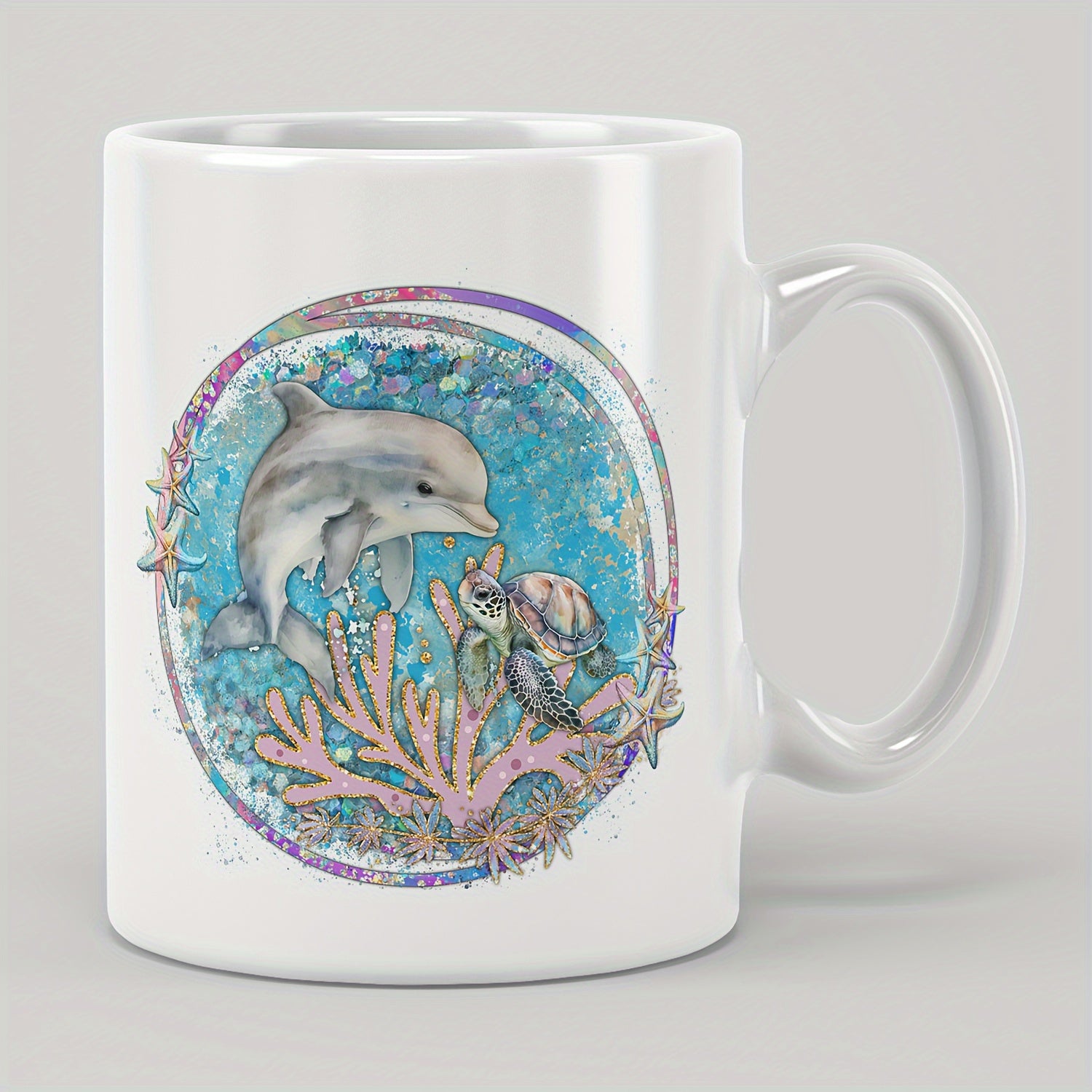 Tailorly White Ceramic 11 oz Mug - Ocean Scene With Swimming Turtle And Vibrant Pink Coral Reef Dolphin