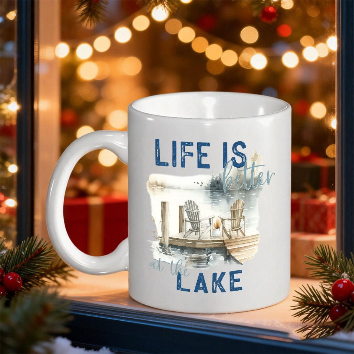 Tailorly White Ceramic 11 oz Mug - Life Is Better At The Lake Serene Lakeside Scene Featuring Adirondack Chairs On A Wooden Dock Dog
