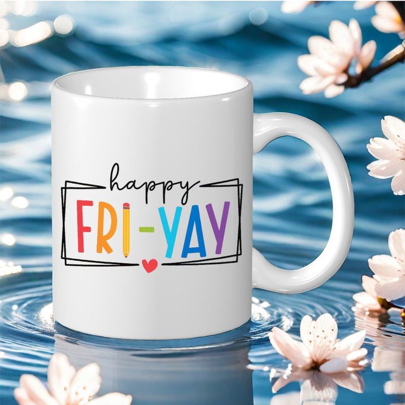 Tailorly White Ceramic 11 oz Mug - Happy Fri-Yay Minimalistic White Ceramic Floating On Serene Blue Rippling Water With Blossoms Mug