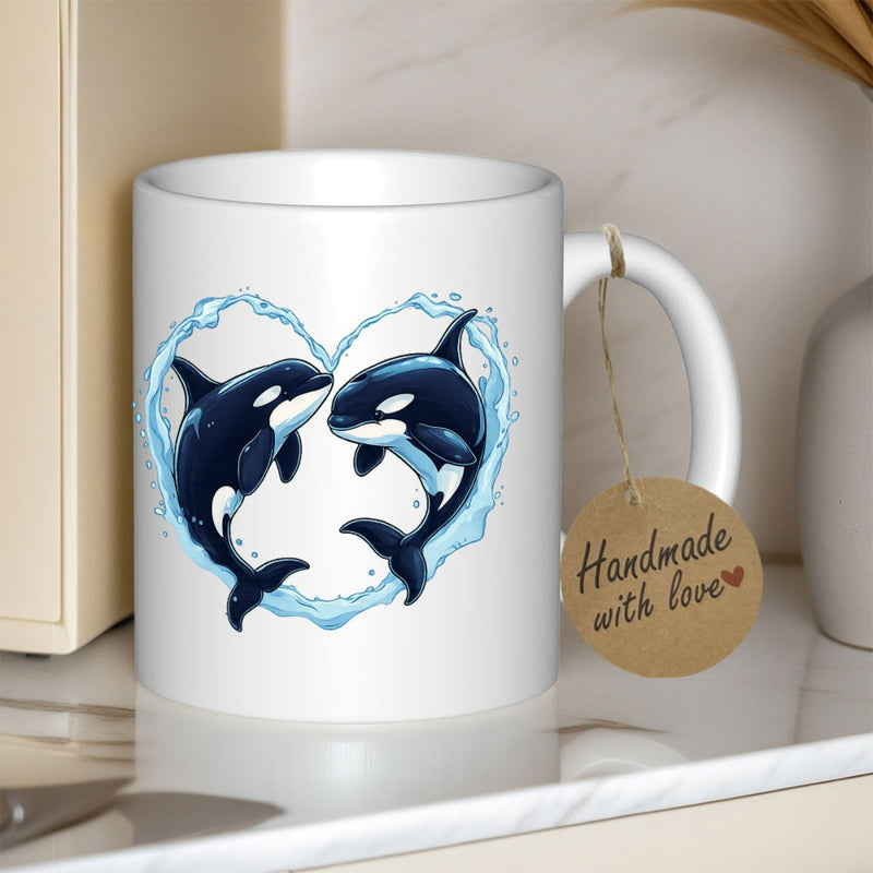 Tailorly White Ceramic 11 oz Mug - Graceful Aquatic Mammals Swimming Among Blue Splashes Forming A Heart Orca