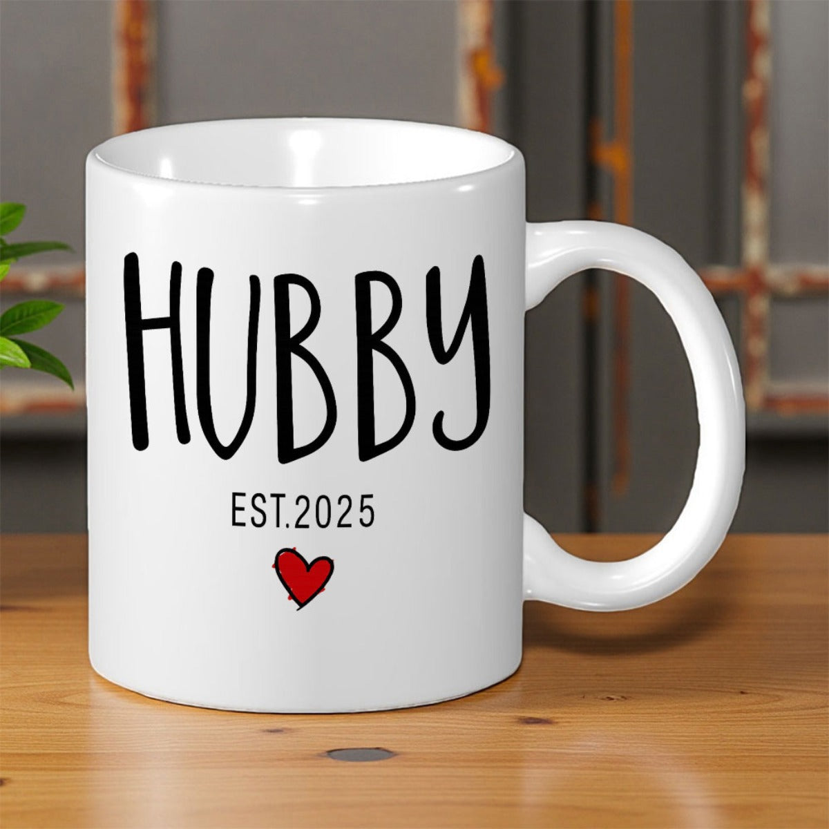 Tailorly White Ceramic 11 oz Mug - Hubby Est 2025 Small Red Heart Centered Below Bold Hand Lettered Text Mug