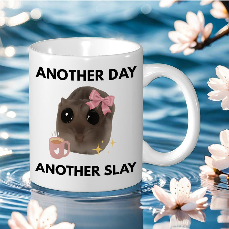 Tailorly White Ceramic 11 oz Mug - Another Day Another Slay Adorable Tiny Animal Wearing Pink Bow Holding Hot Coffee Cup Animal