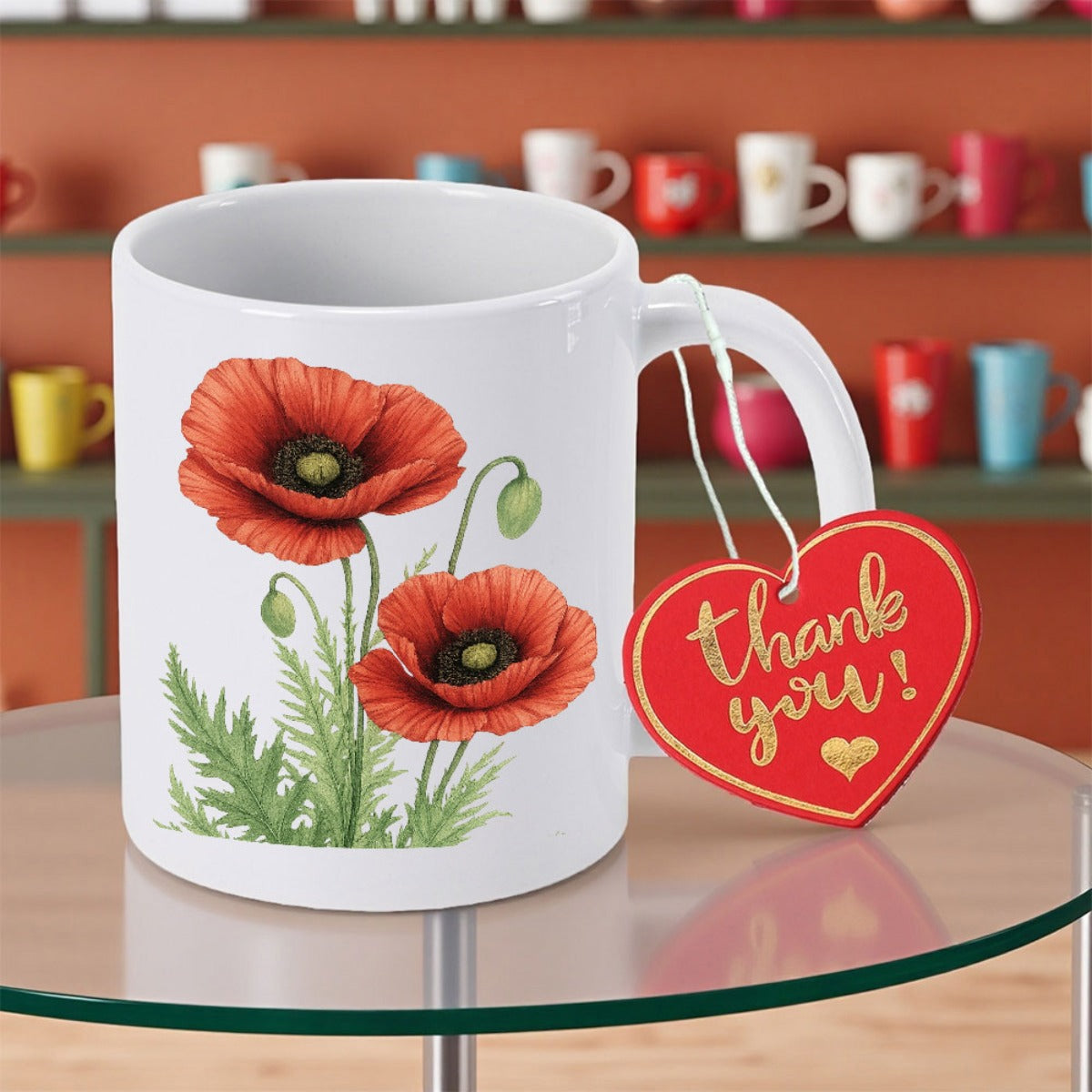 Tailorly White Ceramic 11 oz Mug - Thank You Vibrant Red Poppies Blooming Among Lush Green Leaves Scenic Flower