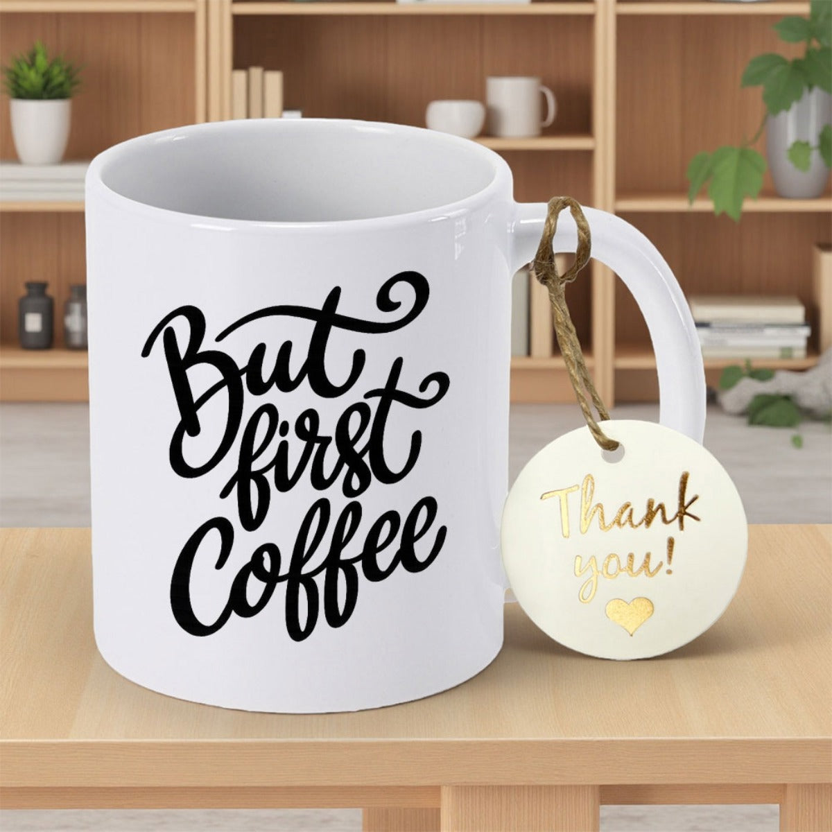 Tailorly White Ceramic 11 oz Mug - But First Coffee Minimalist White Ceramic Vessel With Elegant Black Script Mug