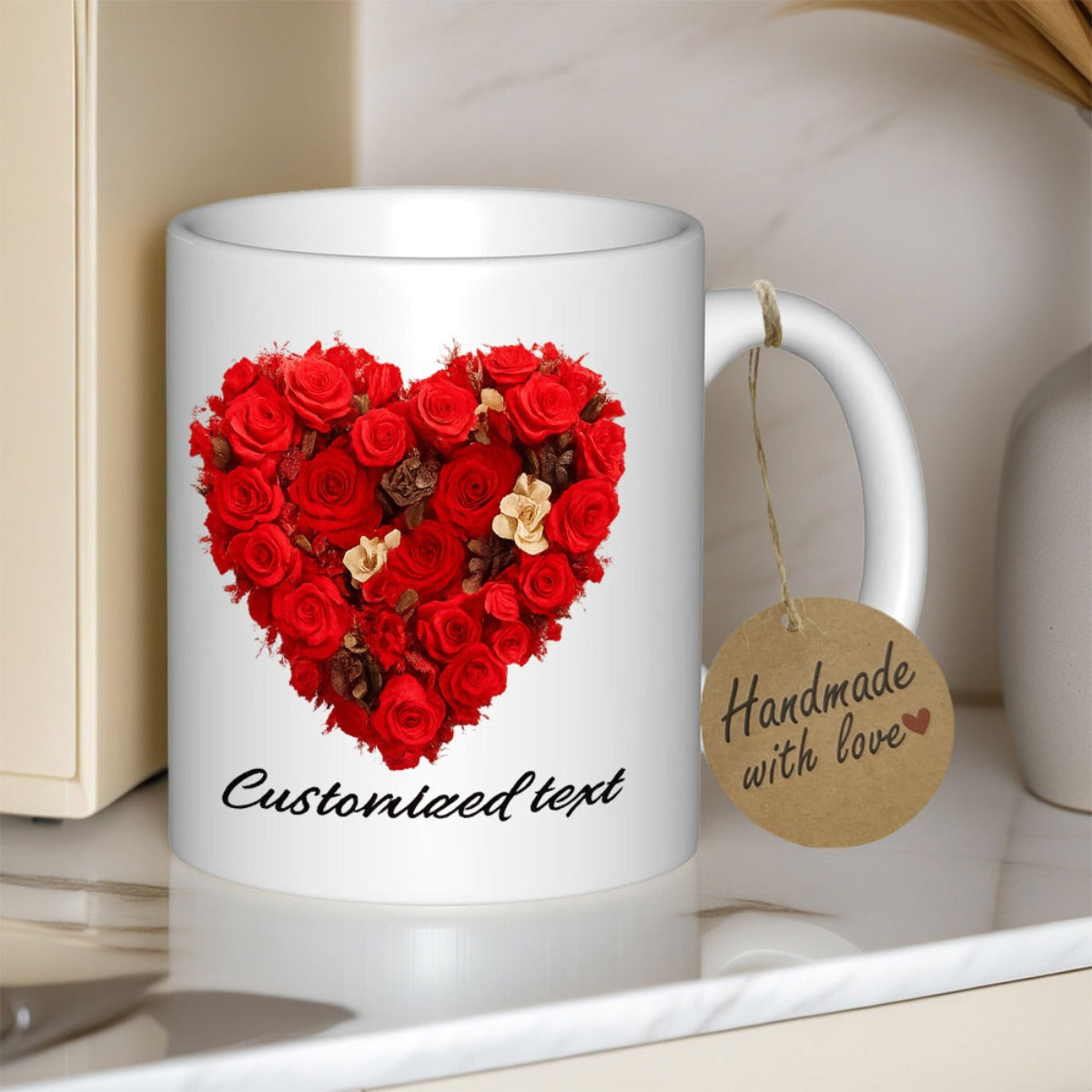 Tailorly White Ceramic 11 oz Mug - Customized Text Vibrant Red Roses Arranged Into A Romantic Elegant Floral Shape Heart