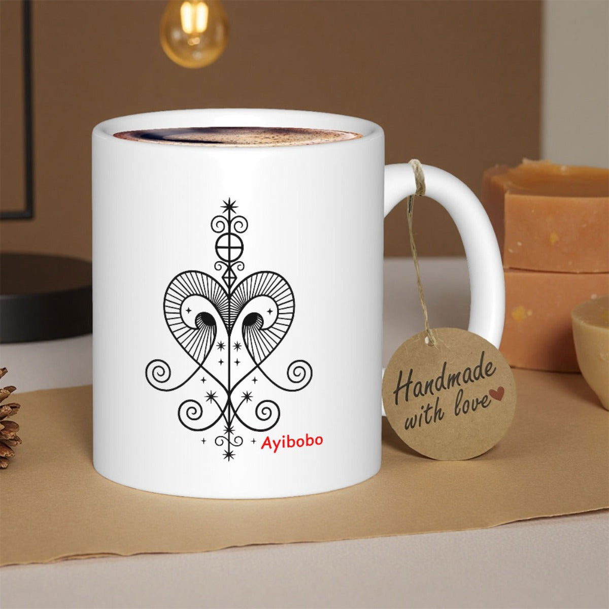 Tailorly White Ceramic 11 oz Mug - Ayibobo Intricate Black Line Art Pattern With Elegant Swirls And Geometric Details Heart