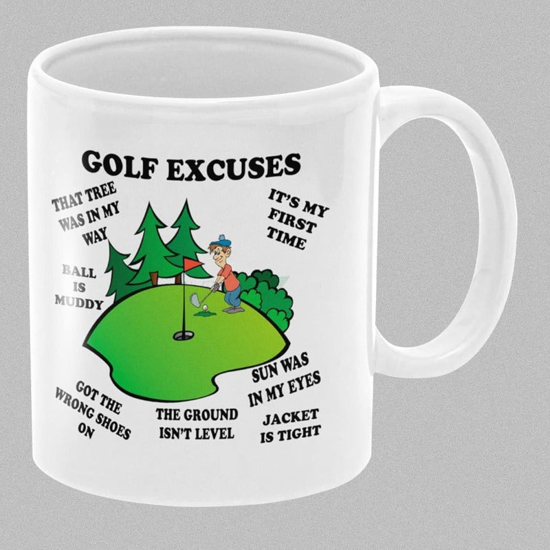 Tailorly White Ceramic 11 oz Mug - Golf Excuses Funny Man Playing On Green Field Surrounded By Pine Trees Golfer