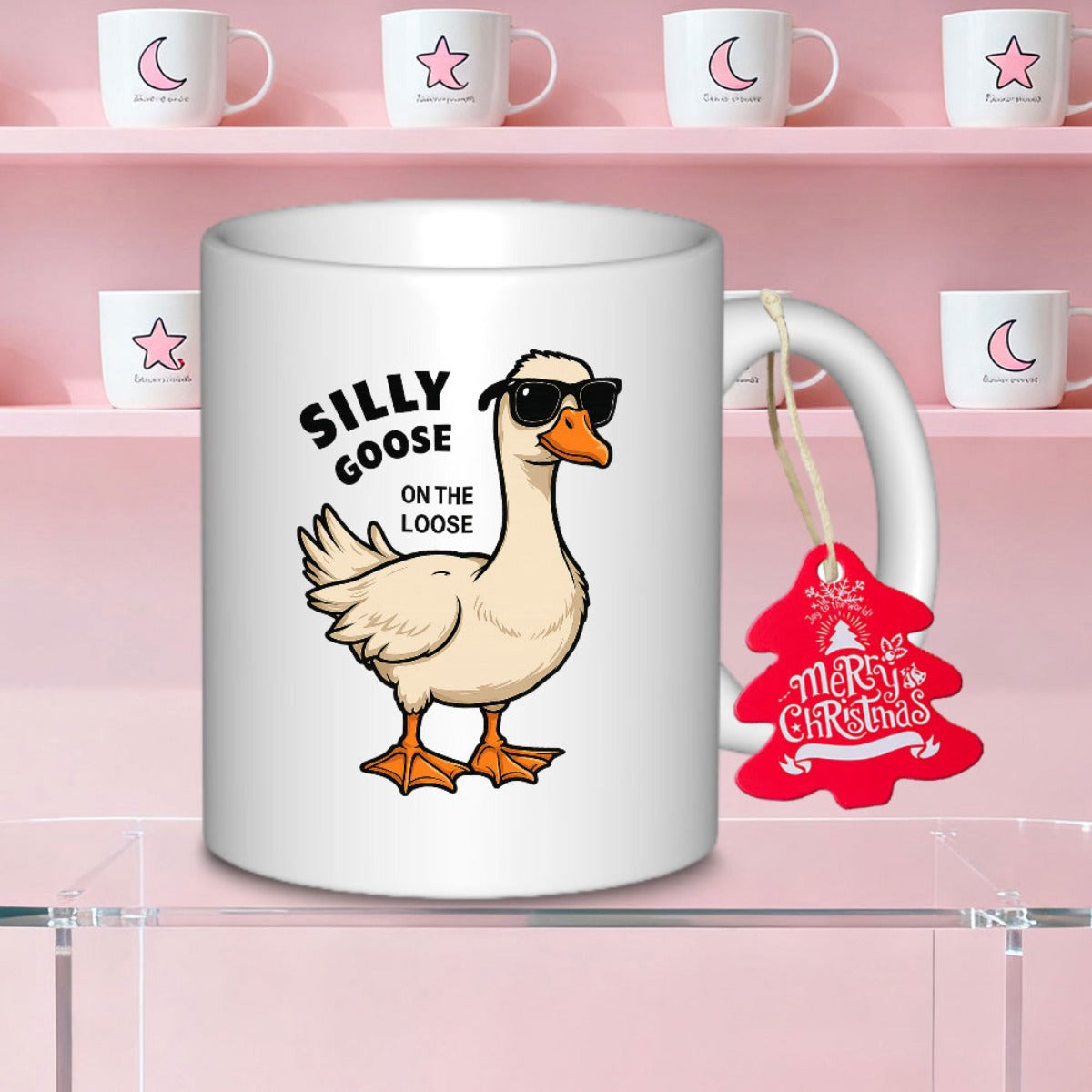 Tailorly White Ceramic 11 oz Mug - Silly Goose On The Loose Merry Christmas Funny Cartoon Wearing Sunglasses Standing Proudly On A Plain White Background Goose