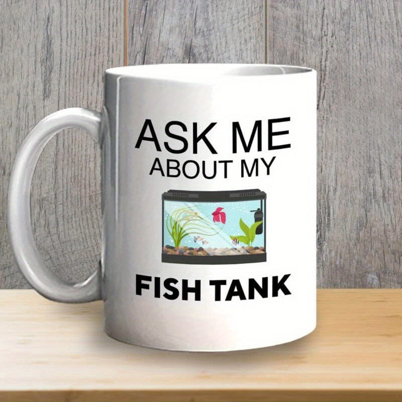 Tailorly White Ceramic 11 oz Mug - Ask Me About My Fish Tank Rectangular Glass Habitat With Red Fish And Vibrant Green Plants Aquarium