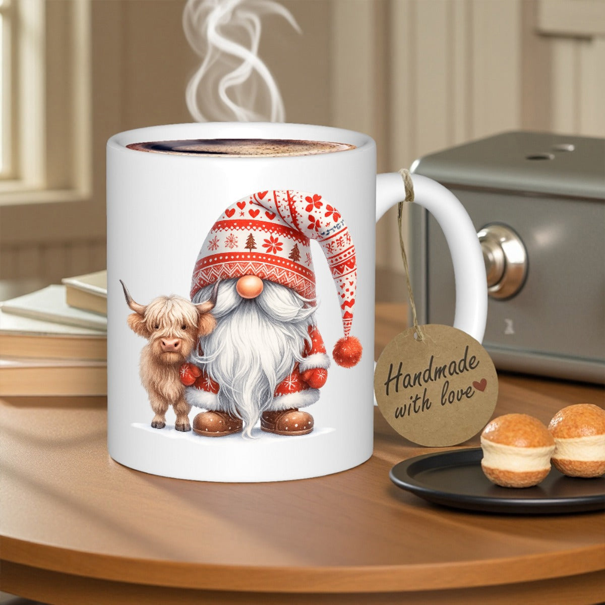 Tailorly White Ceramic 11 oz Mug - Festive Nordic Gnome With Red Patterned Hat Standing Beside Fluffy Highland Cow