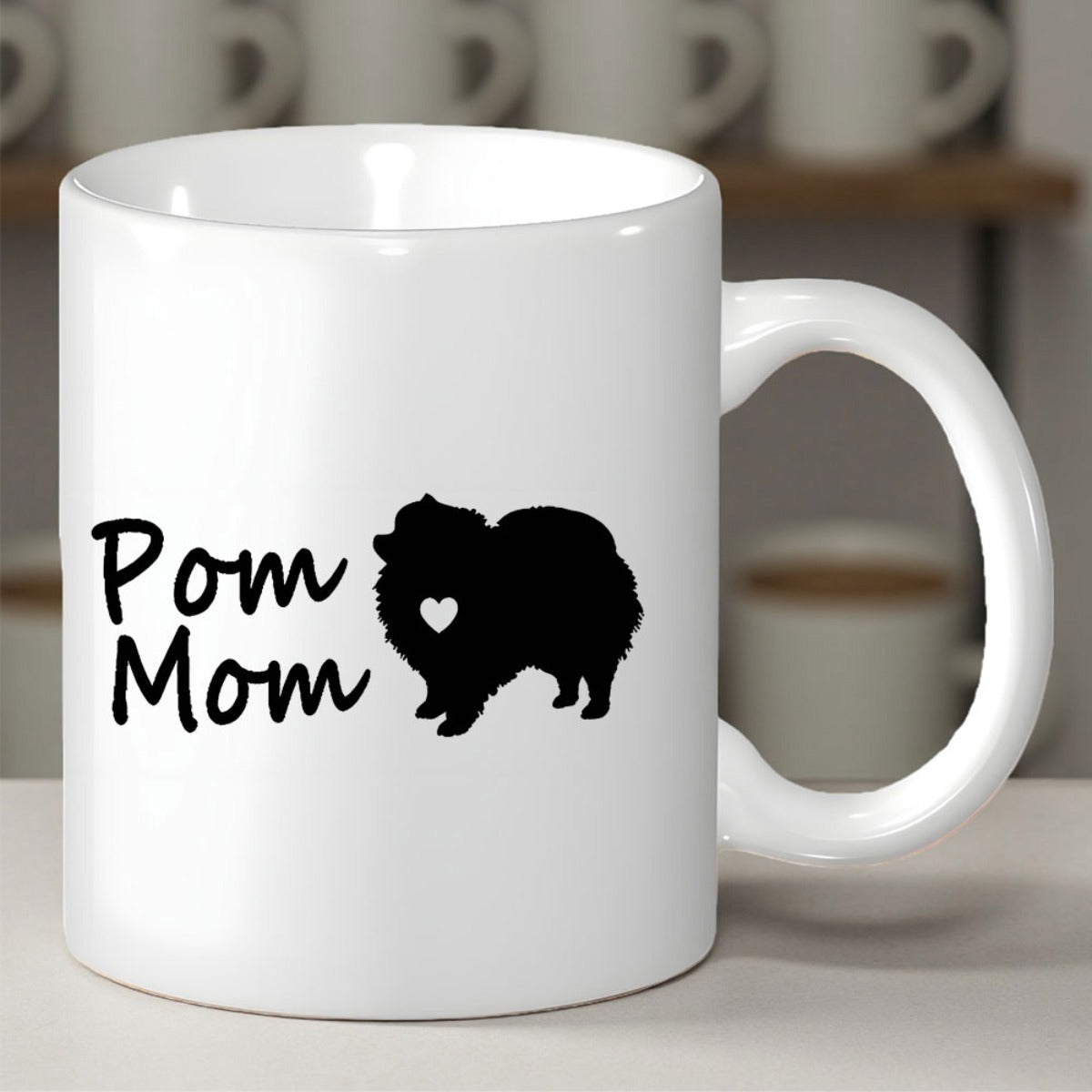 Tailorly White Ceramic 11 oz Mug - Pom Mom Minimalist Black Silhouette Of A Fluffy Dog With A Heart Pomeranian
