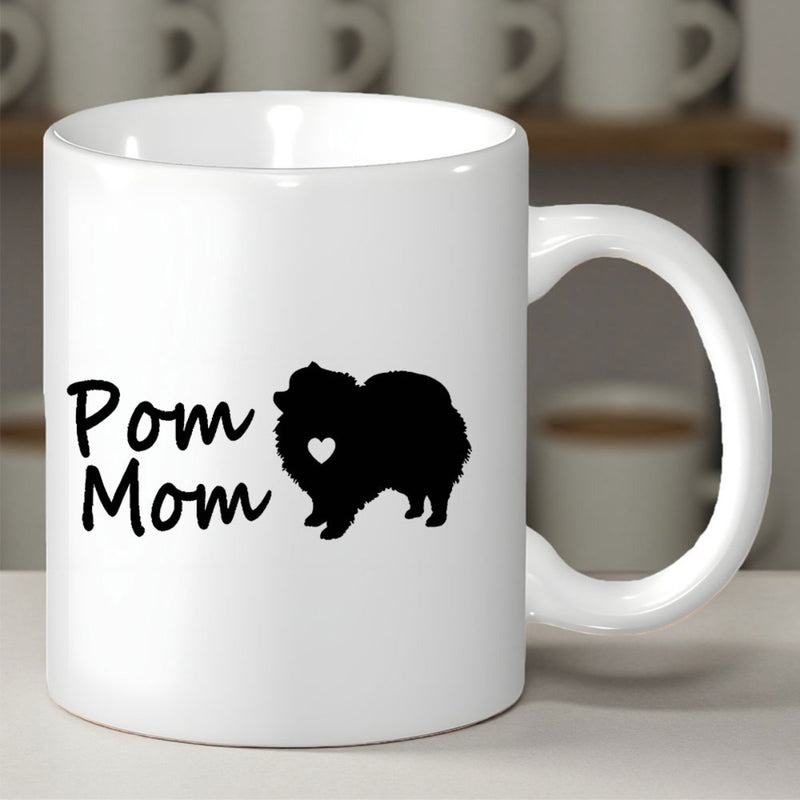Tailorly White Ceramic 11 oz Mug - Pom Mom Minimalist Black Silhouette Of A Fluffy Dog With A Heart Pomeranian