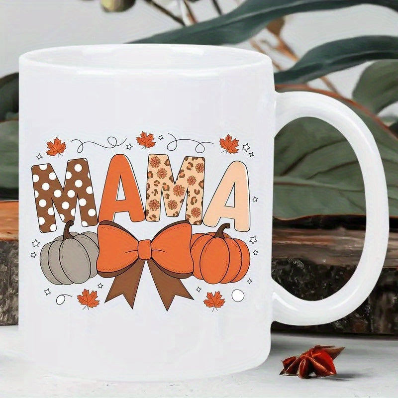 Tailorly White Ceramic 11 oz Mug - Mama Autumn Harvest Themed Pumpkins And Bow Surrounded By Falling Maple Leaves Pumpkin