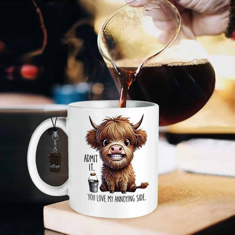 Tailorly White Ceramic 11 oz Mug - Admit It You Love My Annoying Side Cute Brown Highland Cow Sitting With Fluffy Hair And Cheerful Expression Cow