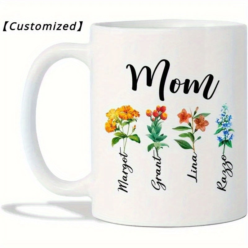 Tailorly White Ceramic 11 oz Mug - Mom Margot Grant Lina Razzo Four Colorful Watercolor Flowers Growing From Personalized Names In Vertical Alignment Flower