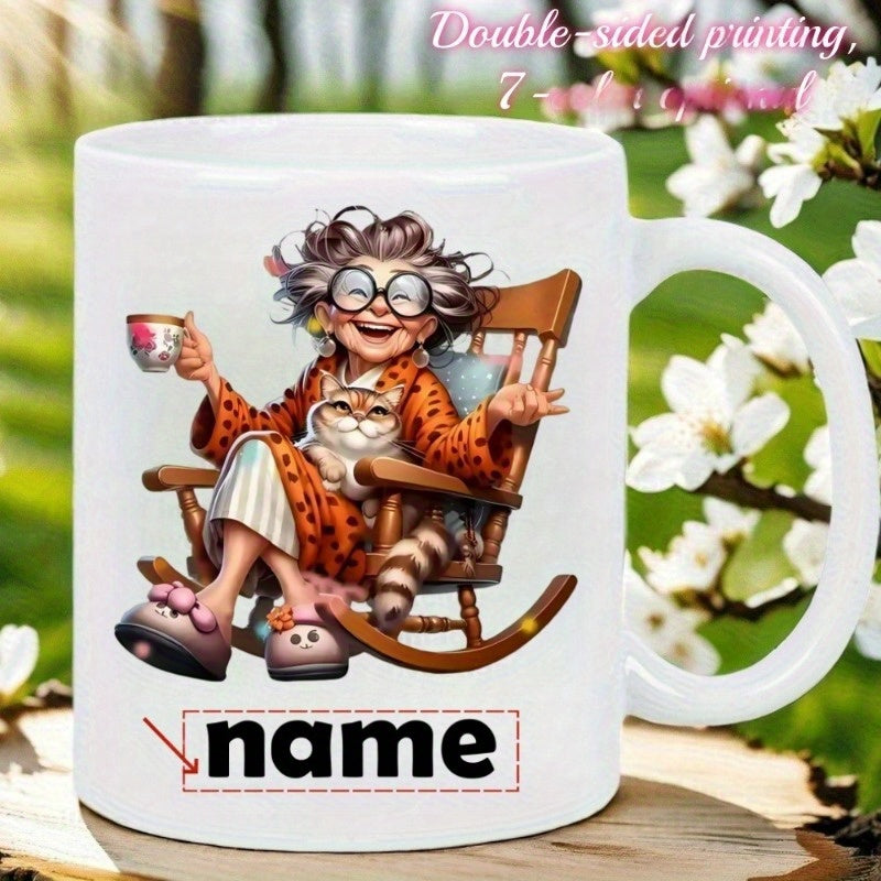 Tailorly White Ceramic 11 oz Mug - Name Joyful Elderly Woman Resting In A Wooden Rocking Chair With Cat Grandmother