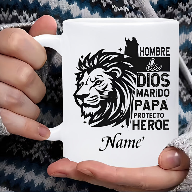 Tailorly White Ceramic 11 oz Mug - Name Powerful Brave King Of Jungle Profile With Flowing Mane Lion