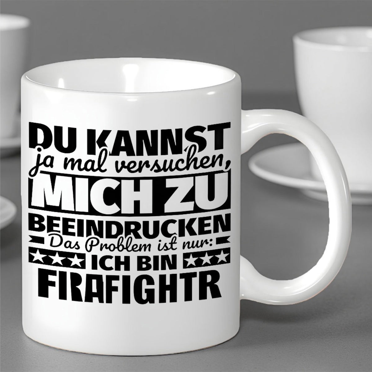 Tailorly White Ceramic 11 oz Mug - Firefighter Bold Black Block Lettering With Small Stars And Horizontal Decorative Lines Mug