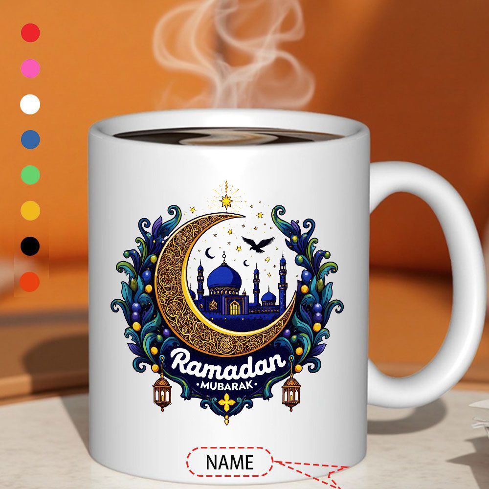 Tailorly White Ceramic 11 oz Mug - Ramadan Mubarak Intricate Golden Moon With Blue Mosque And Decorative Ornate Floral Elements Crescent