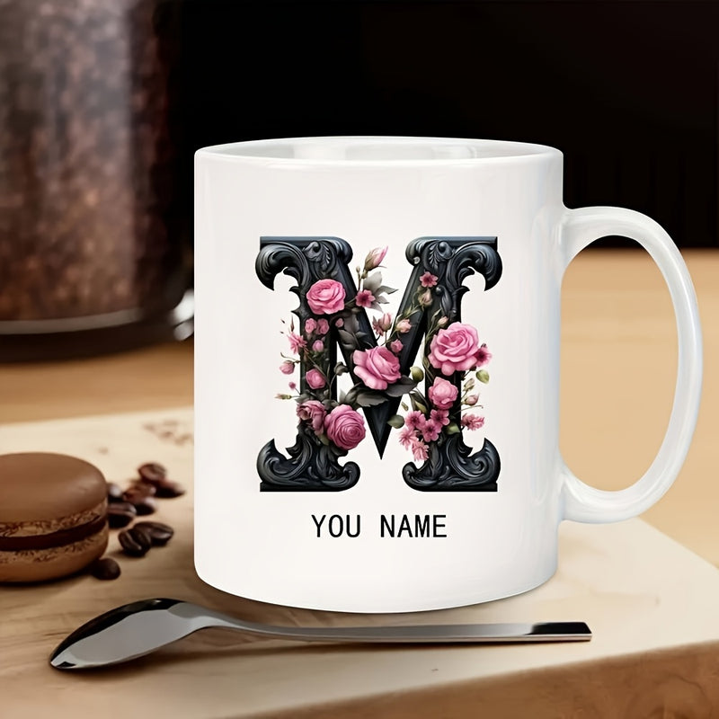 Tailorly White Ceramic 11 oz Mug - You Name Elegant Ornate Black Letter M With Beautiful Blooming Pink Roses Floral Monogram