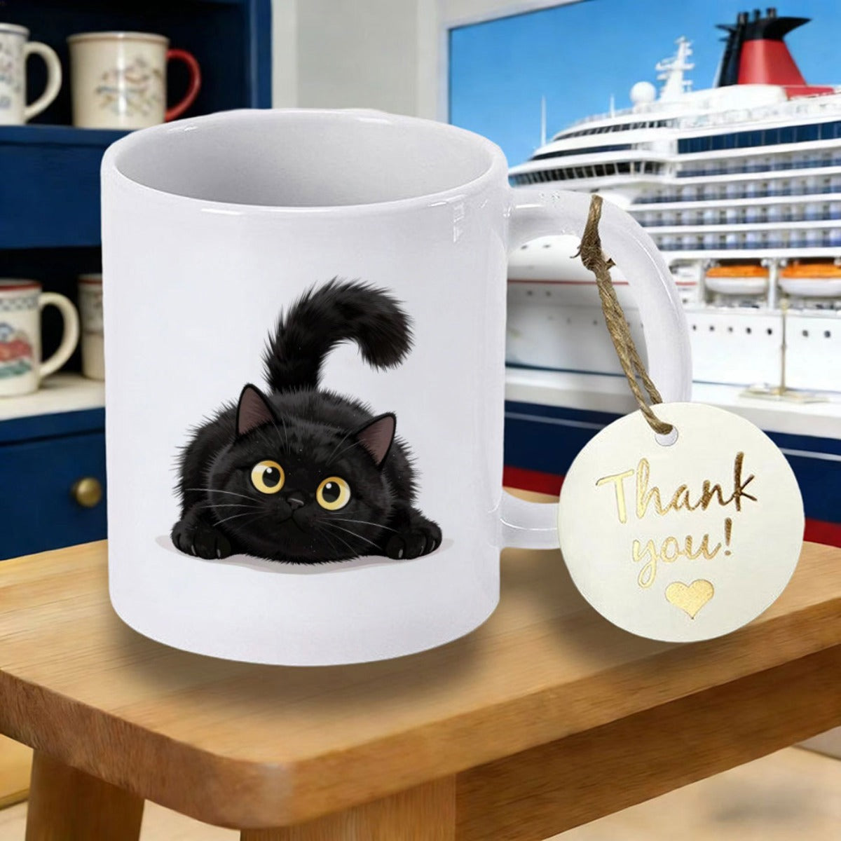 Tailorly White Ceramic 11 oz Mug - Adorable Fluffy Little Black Kitten With Curious Bright Golden Eyes Playful Cat