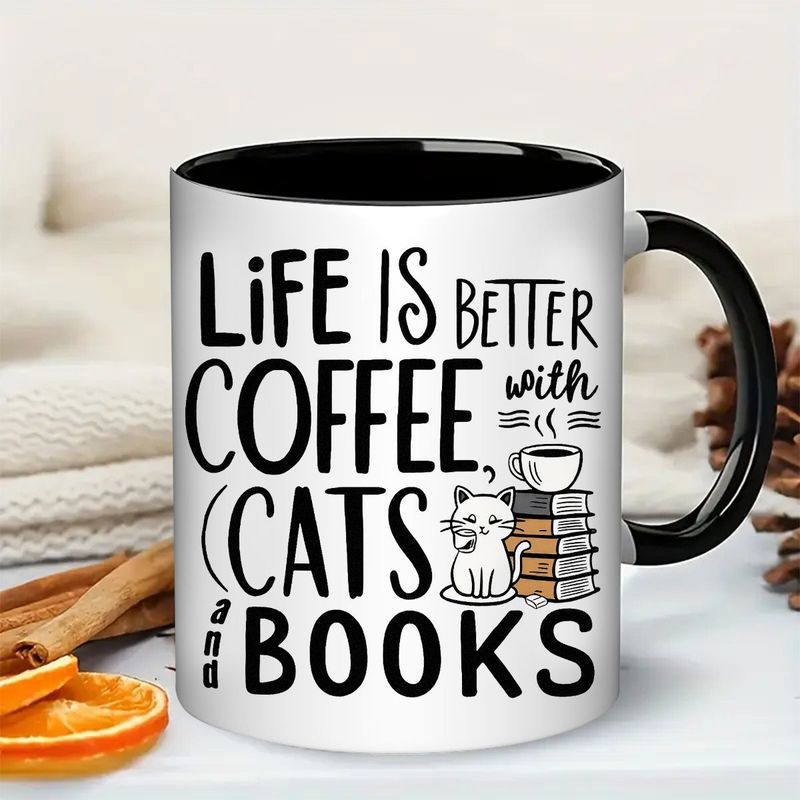 Tailorly Black Accent 11 oz Mug - cute cat book coffee tea design