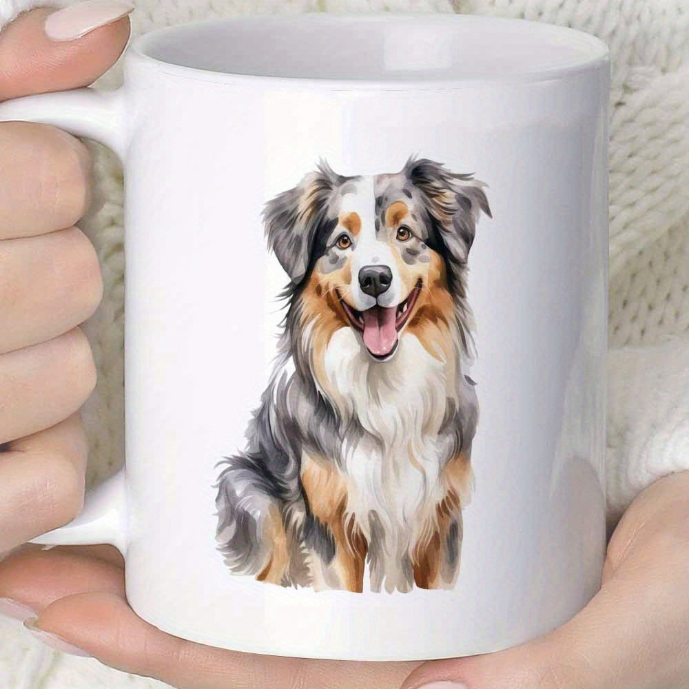Tailorly White Ceramic 11 oz Mug - Happy Fluffy Tri Color Australian Shepherd Sitting With Soft Watercolor Fur Dog