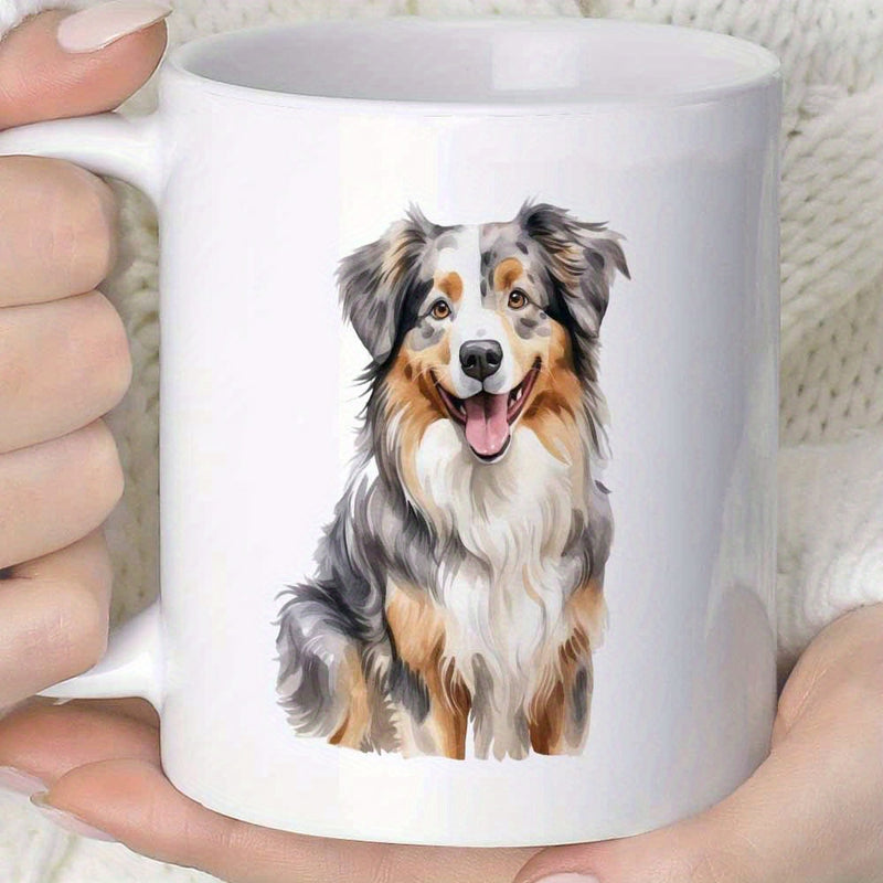 Tailorly White Ceramic 11 oz Mug - Happy Fluffy Tri Color Australian Shepherd Sitting With Soft Watercolor Fur Dog