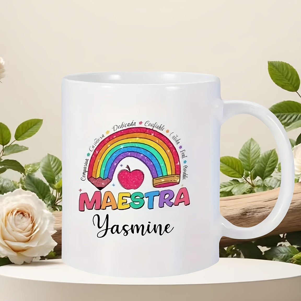 Tailorly White Ceramic 11 oz Mug - Yasmine Colorful Arched Pencil With Radiant Colors And Small Pink Heart Rainbow