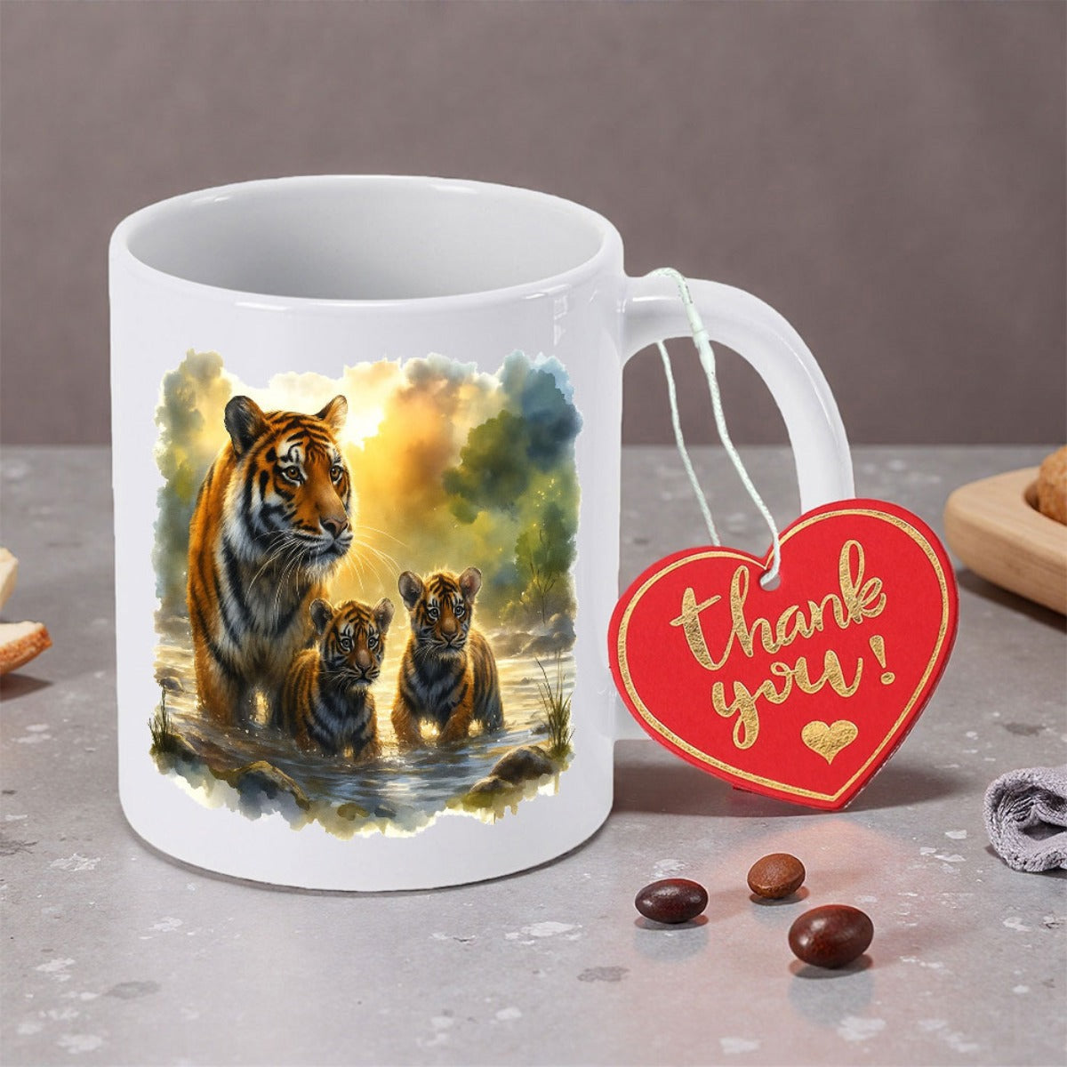 Tailorly White Ceramic 11 oz Mug - Thank You Majestic Wild Tigers Standing In River Under Warm Golden Sunlight Forest Tiger