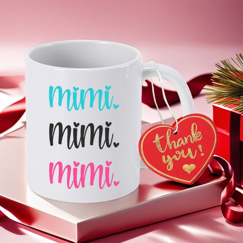 Tailorly White Ceramic 11 oz Mug - Mimi Elegant Featuring Colorful Script Text And Heart Details Mug