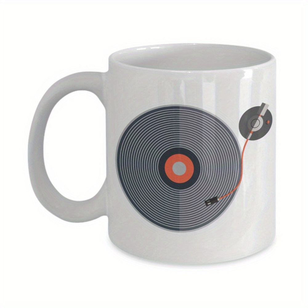 Tailorly White Ceramic 11 oz Mug - Stylized Vintage Vinyl Player With Needle On Circular Grooved Music Disc Record