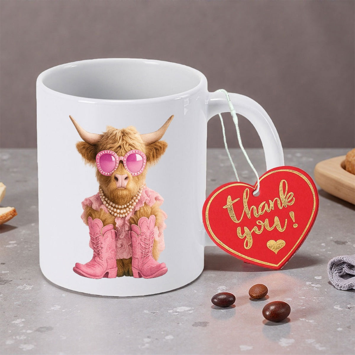 Tailorly White Ceramic 11 oz Mug - Thank You Charming Highland Cow With Pink Sunglasses And Western Fashion Boots Cow