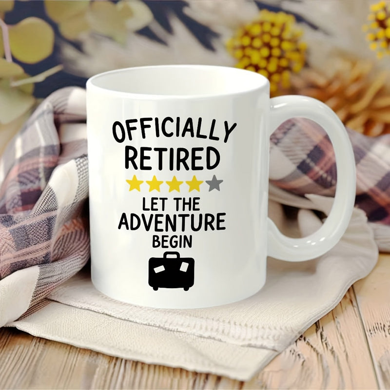 Tailorly White Ceramic 11 oz Mug - Officially Retired Let The Adventure Begin Five Golden Stars Rating Icon With Minimalist Black Travel Suitcase