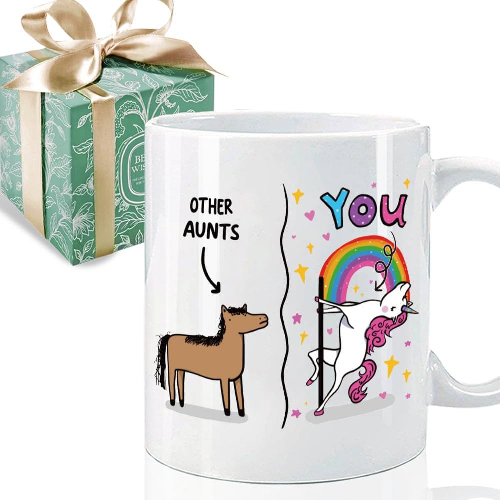 Tailorly White Ceramic 11 oz Mug - Other Aunts You Playful Dancing Magical Creature Under Vibrant Rainbow Stars And Hearts Unicorn