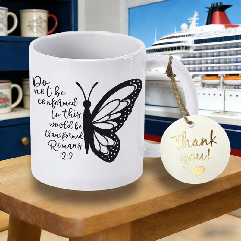 Tailorly White Ceramic 11 oz Mug - Do Not Be Conformed To This World But Be Transformed Romans 12 2 Artistic Black Wing Pattern Displayed Alongside Elegant